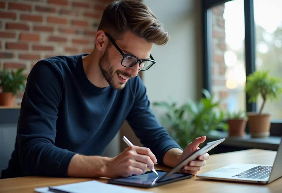 Jeune web designer en bureau moderne avec tablette et ordinateur