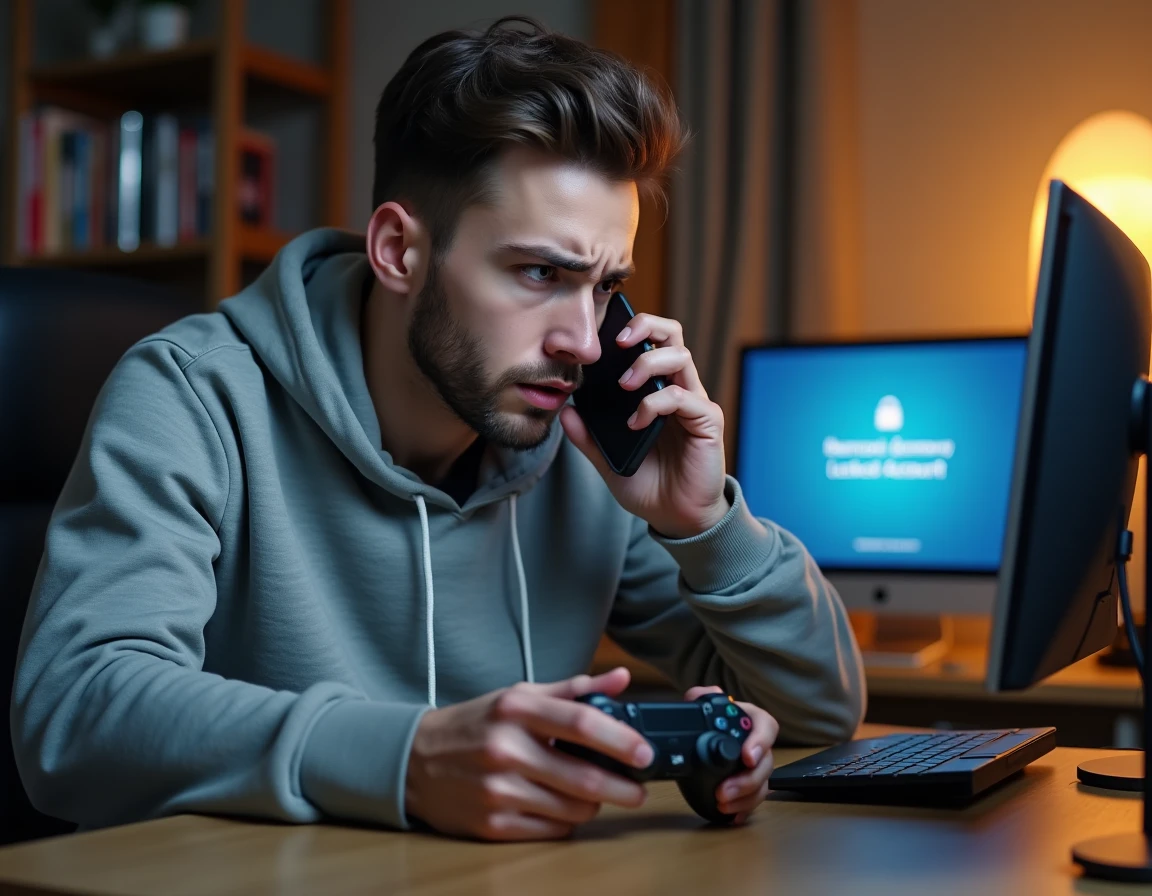 Joueur frustré contactant le support PlayStation par téléphone après le blocage de son compte