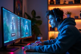 Joueur débutant en roleplay sur Discord FlashBack FA, concentré devant son setup gaming à double écran