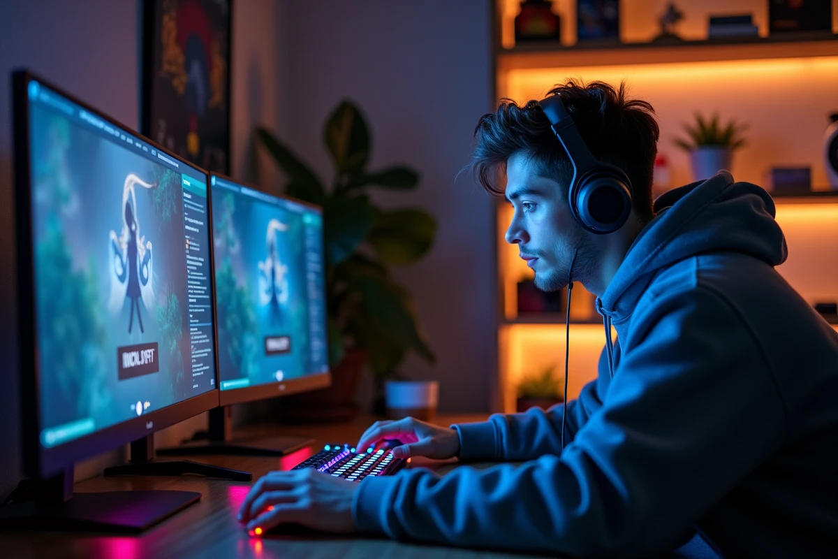 Joueur débutant en roleplay sur Discord FlashBack FA, concentré devant son setup gaming à double écran
