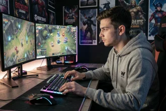 Joueur de League of Legends concentré devant un setup gaming multi-écrans dans une pièce dédiée aux jeux vidéo compétitifs