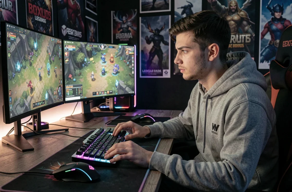 Joueur de League of Legends concentré devant un setup gaming multi-écrans dans une pièce dédiée aux jeux vidéo compétitifs