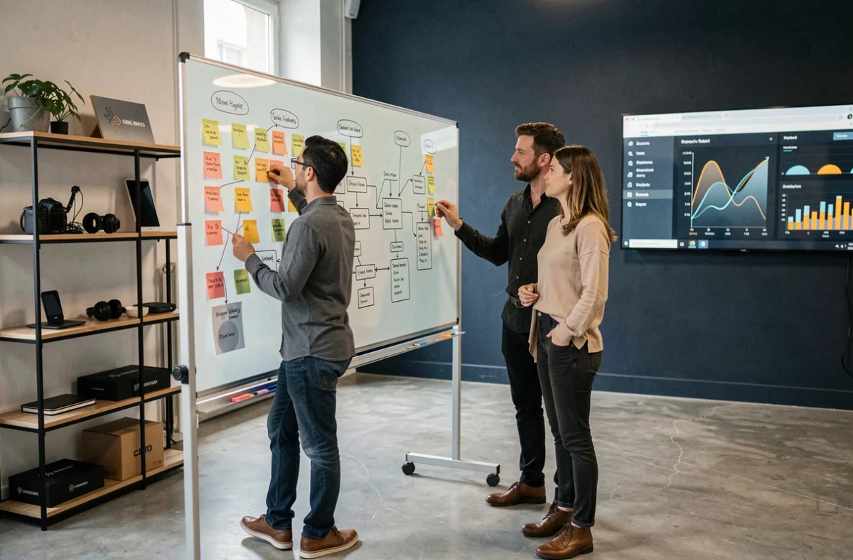 Équipe de l'agence Kwantic réunie autour d'un tableau blanc avec des post-it et des schémas de parcours d'application mobile