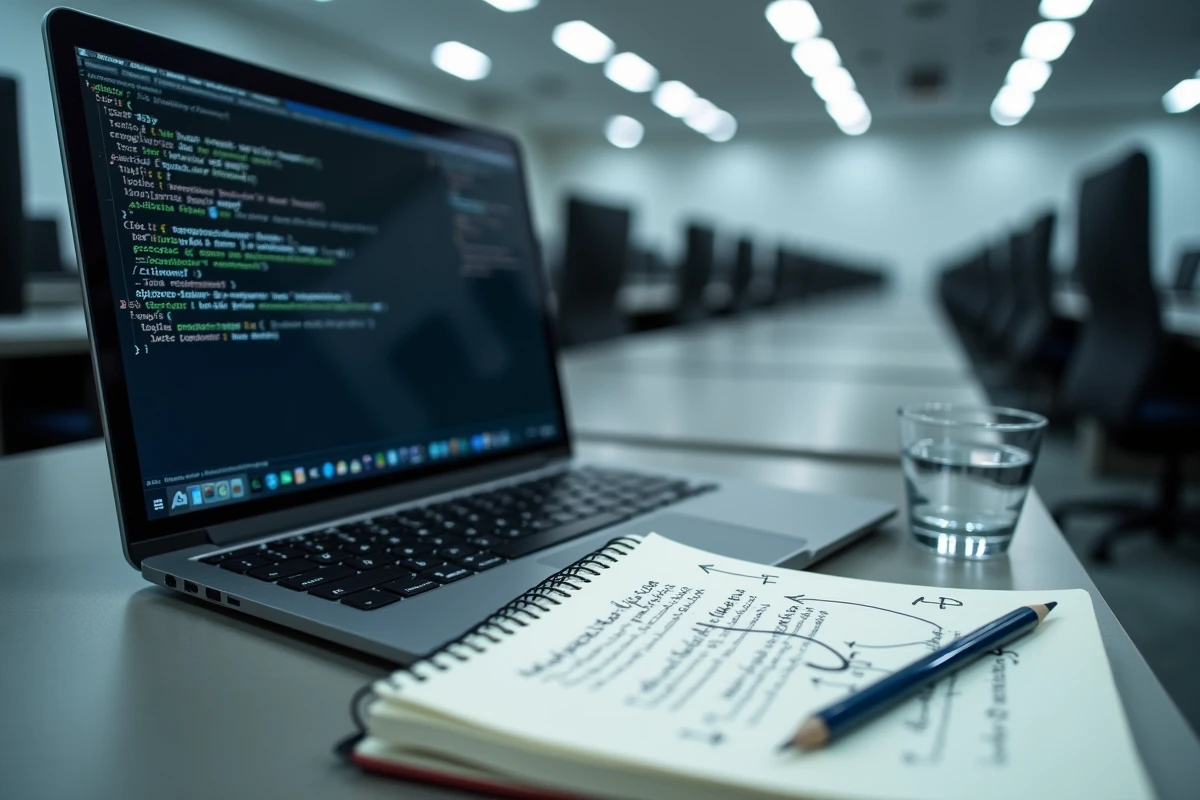Ordinateur portable affichant une commande pip install -u avec notes manuscrites sur la compatibilité des versions en Python