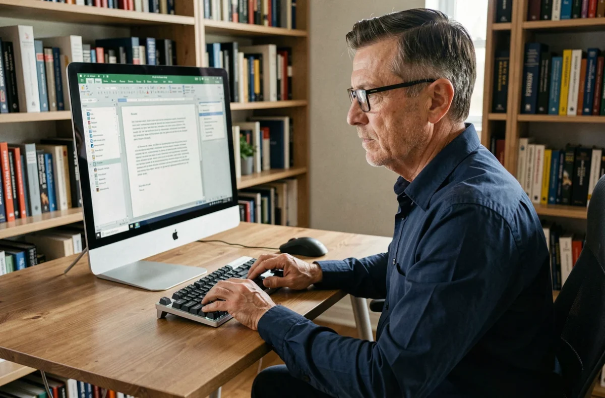 Un homme utilise LibreOffice Writer sur un ordinateur Mac pour rédiger un long document dans un bureau à domicile