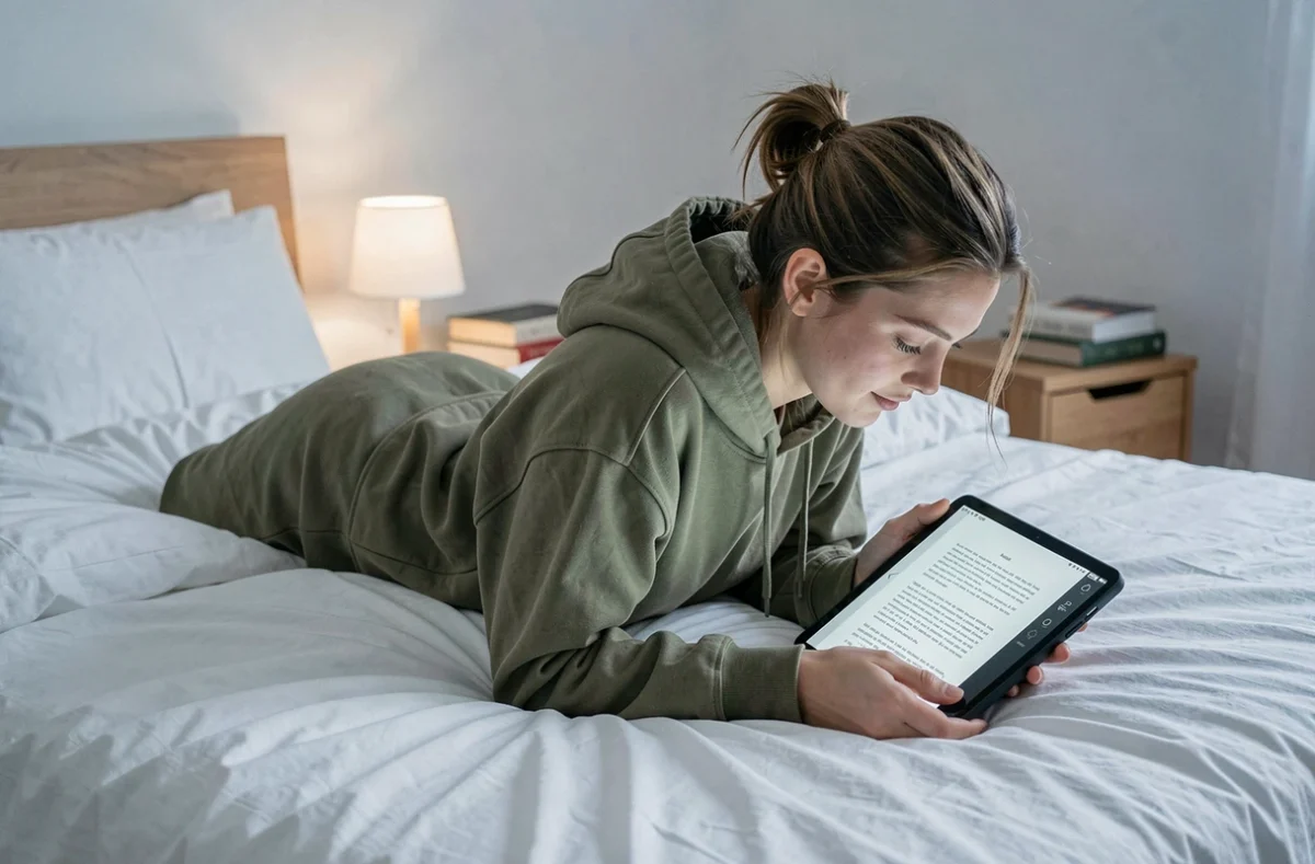 Jeune femme allongée sur son lit lisant un PDF formaté en ebook sur une tablette Android