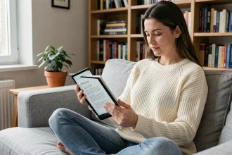 Femme lisant un fichier PDF sur une tablette Android en mode ebook dans un salon moderne