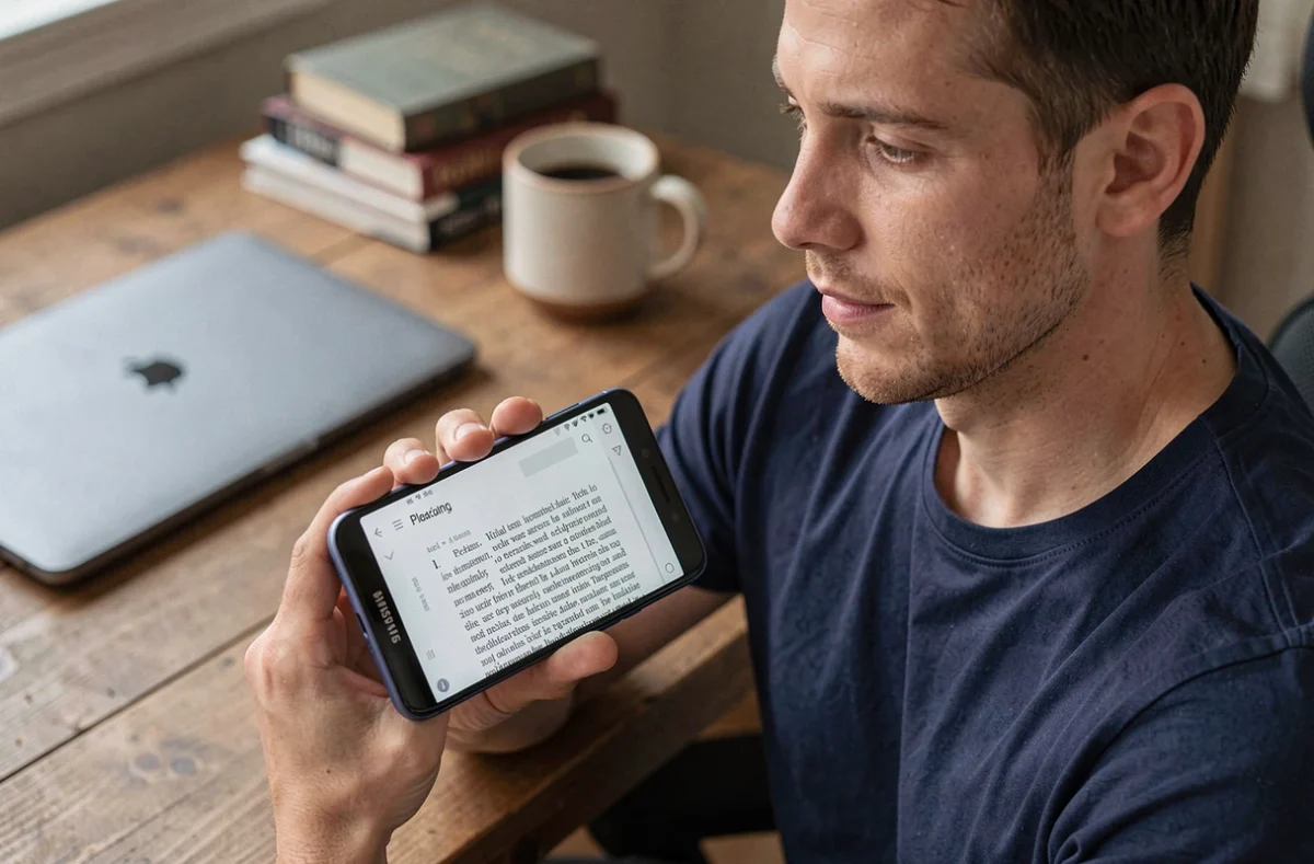 Homme consultant un PDF en mode ebook sur un smartphone Android posé dans un bureau à domicile