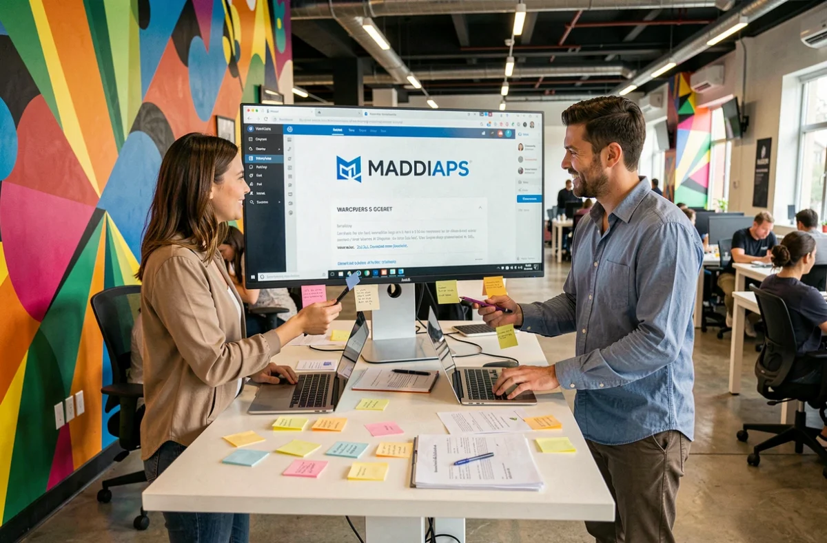 Équipe créative de MADDIAPS collaborant sur un projet WordPress dans un espace de travail coloré