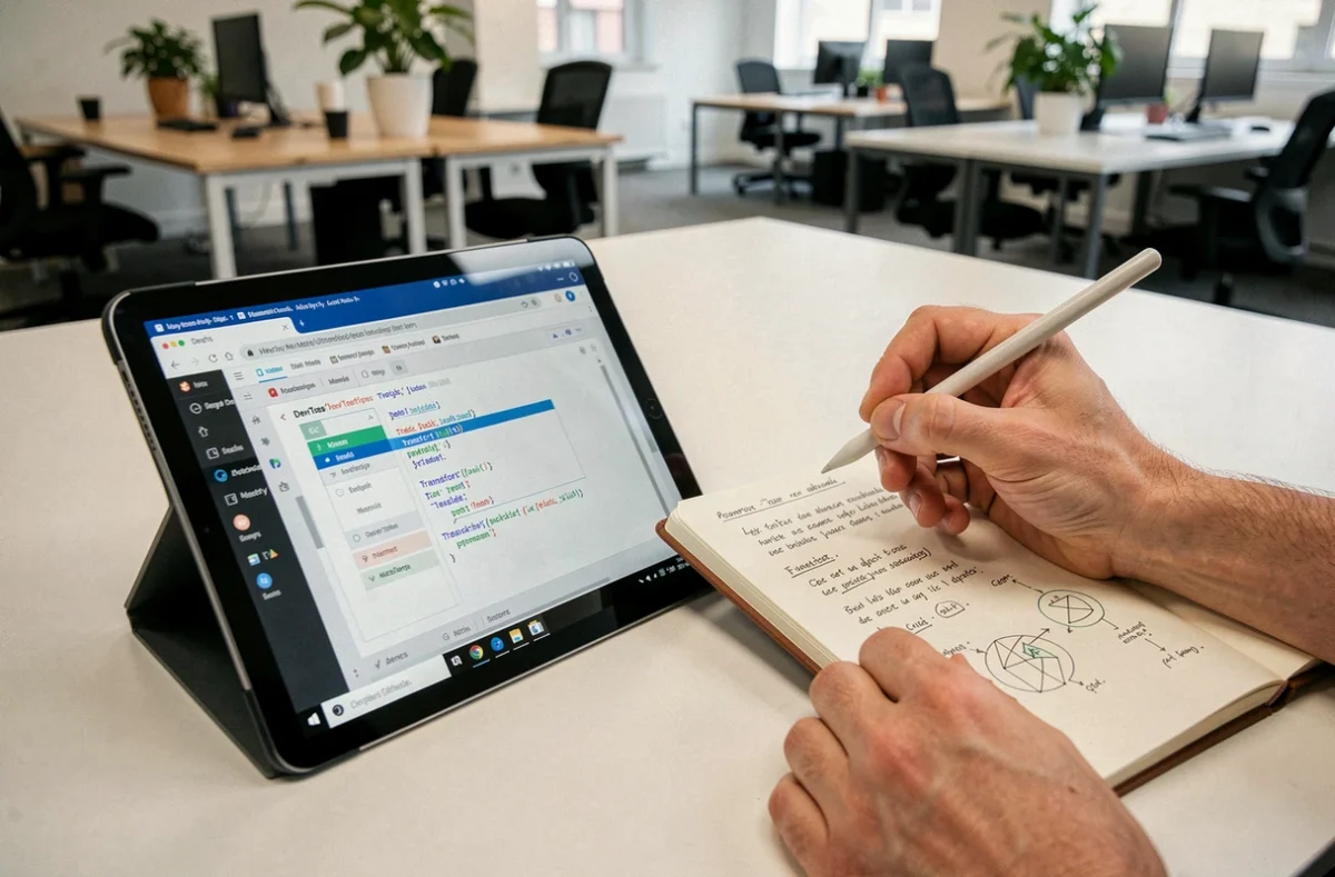 Mains de développeur pointant un stylet sur DevTools CSS avec les propriétés transform et translate visibles sur tablette dans un espace de coworking
