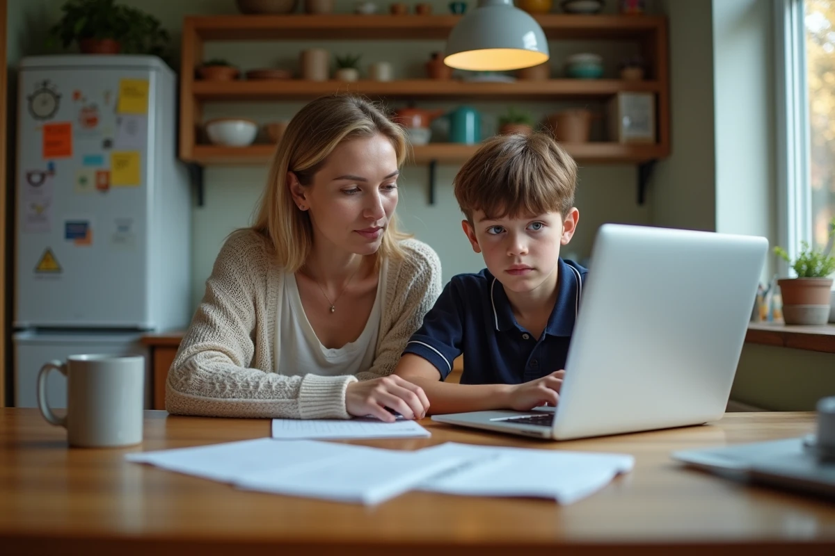 Maman et son fils adolescent travaillent ensemble à la maison