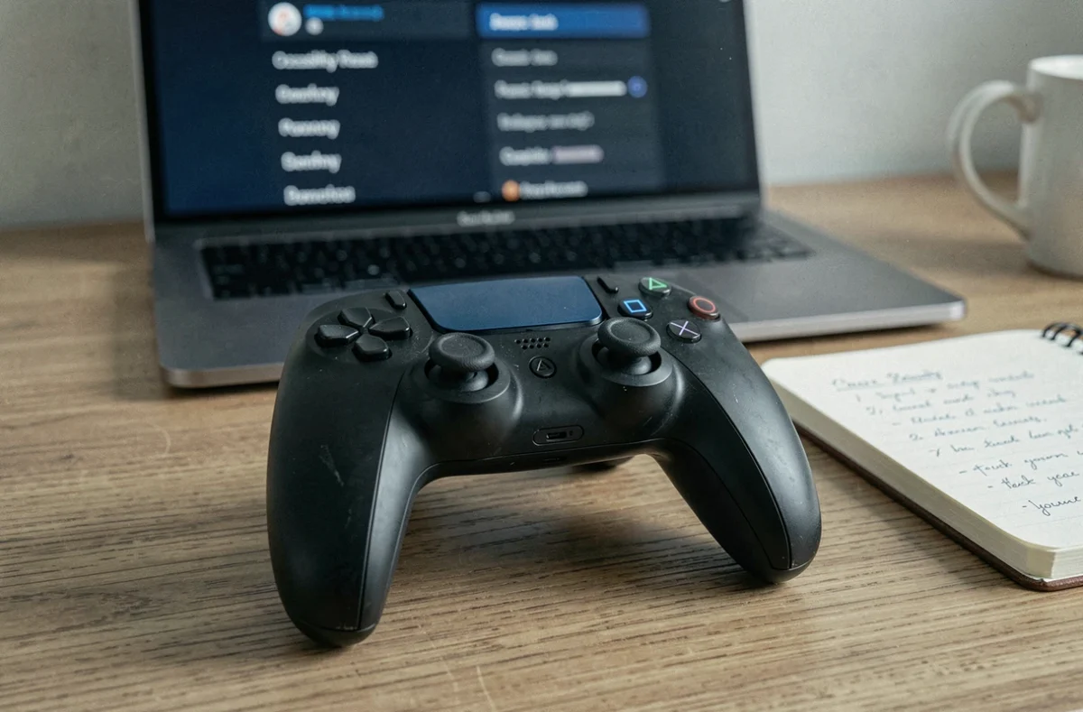 Manette DualSense PS5 posée sur un bureau en bois avec un écran d'ordinateur affichant les réglages de synthèse vocale en arrière-plan flou