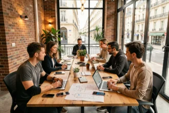 Équipe de développeurs d'applications mobiles réunis dans un bureau moderne en Nouvelle-Aquitaine, autour de maquettes et smartphones