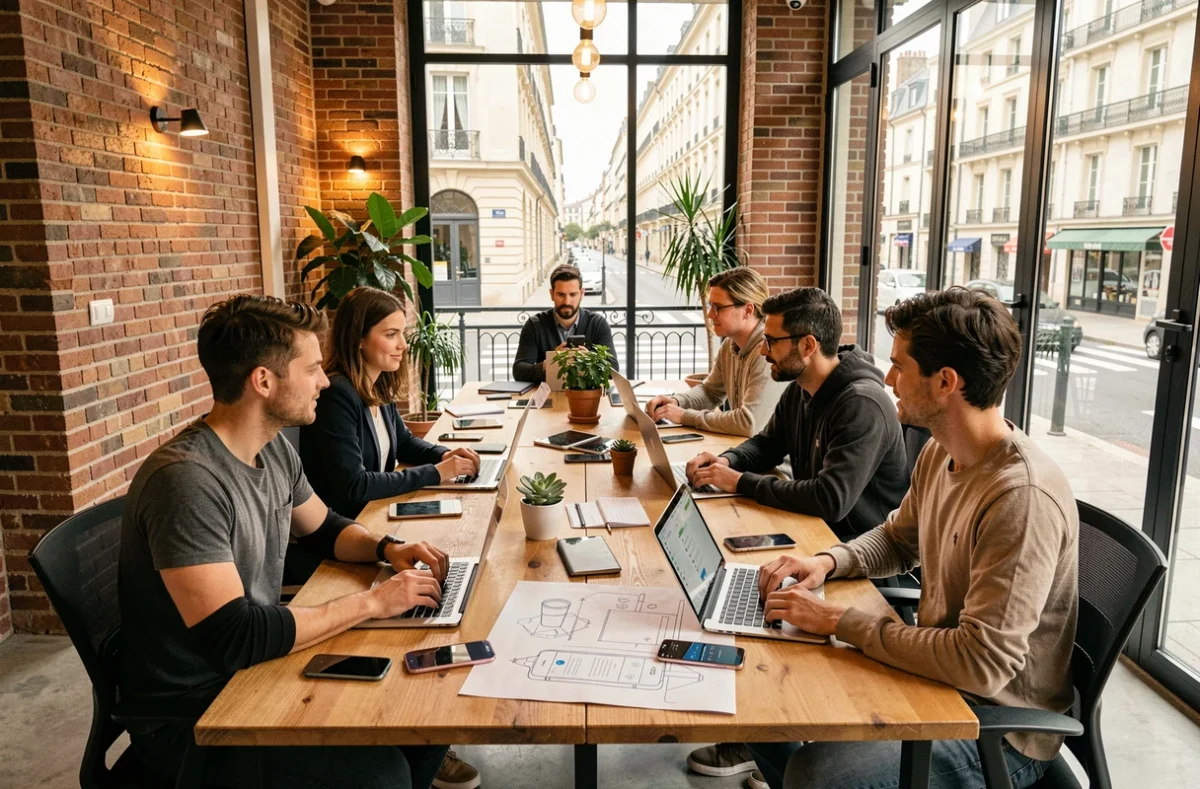 Équipe de développeurs d'applications mobiles réunis dans un bureau moderne en Nouvelle-Aquitaine, autour de maquettes et smartphones