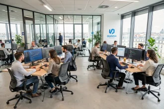 Équipe de prestataires informatiques au travail dans un open-space moderne à Lyon, représentant les meilleurs acteurs IT du Rhône