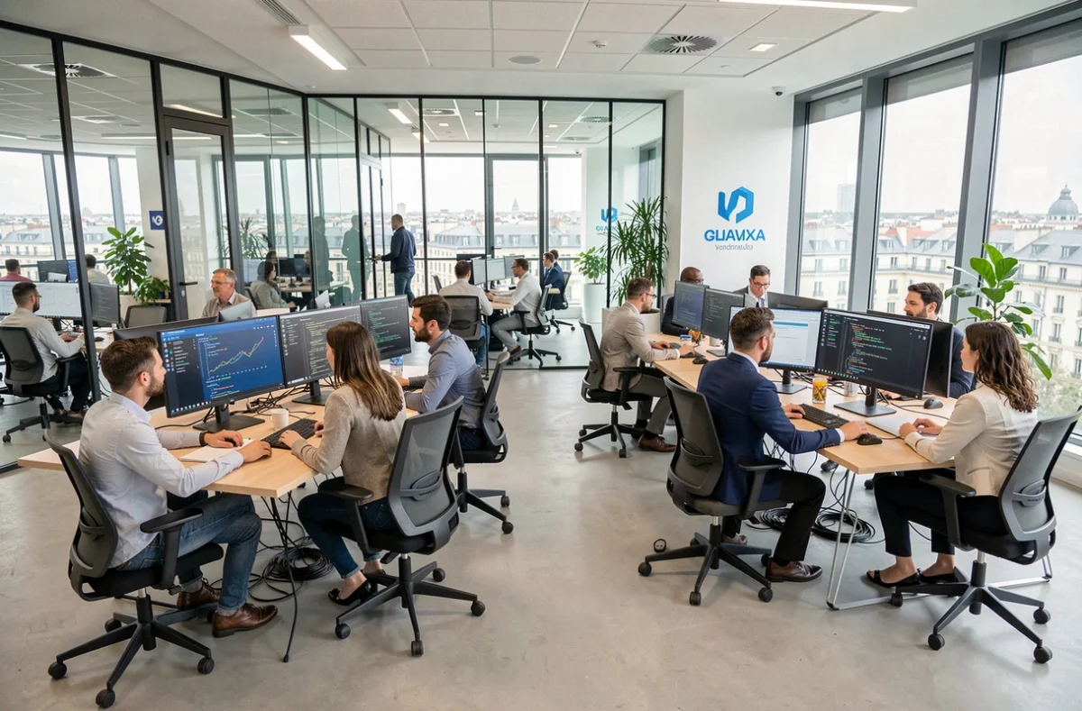 Équipe de prestataires informatiques au travail dans un open-space moderne à Lyon, représentant les meilleurs acteurs IT du Rhône