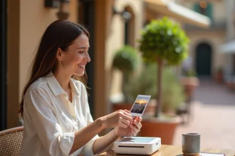 Femme tenant une mini imprimante portable sur une terrasse de café en voyage, imprimant une photo de voyage instantanément