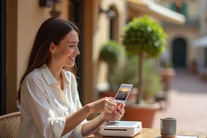 Femme tenant une mini imprimante portable sur une terrasse de café en voyage, imprimant une photo de voyage instantanément