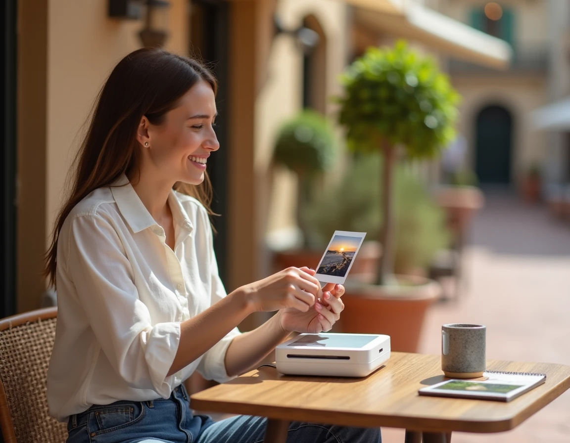 Femme tenant une mini imprimante portable sur une terrasse de café en voyage, imprimant une photo de voyage instantanément