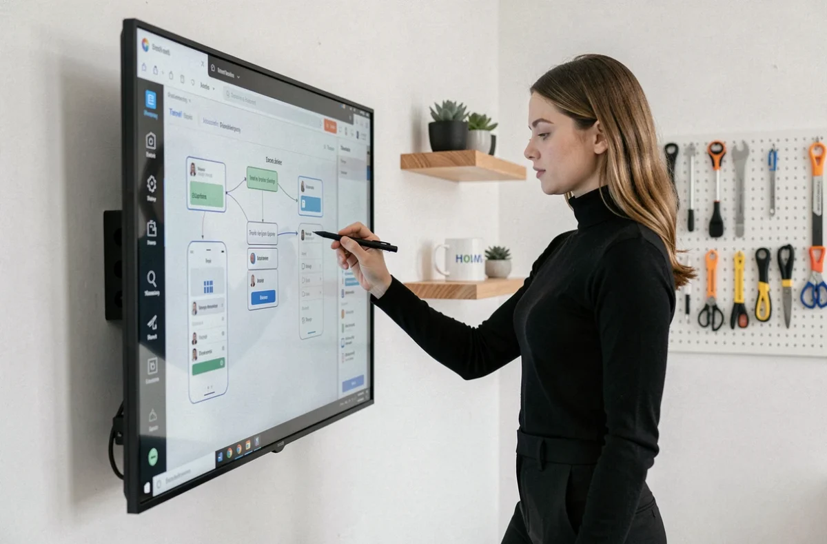 Designer UX de l'agence Mink réorganisant des composants de wireframe d'application mobile sur un écran tactile interactif