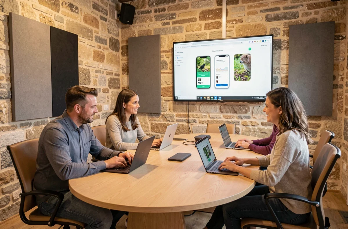 Équipe de Natural Net en réunion dans une salle de conférence avec murs en pierre, discutant d'un projet d'application mobile