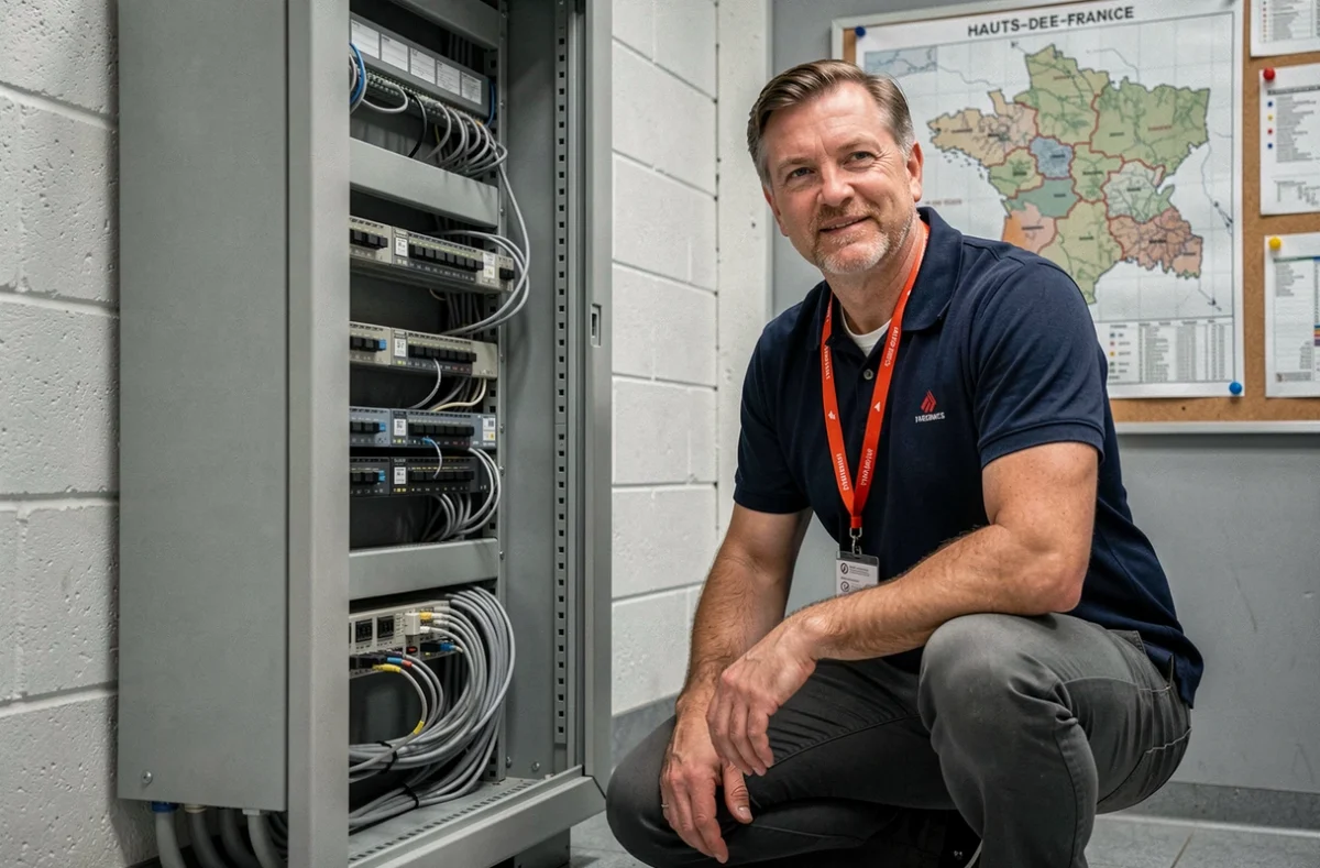 Technicien Nordnet gérant des infrastructures de connectivité régionale dans un centre de données des Hauts-de-France