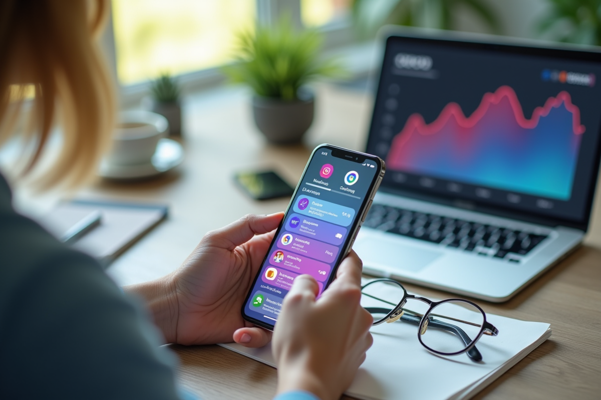 Mains tenant un smartphone avec notifications sociales colorées