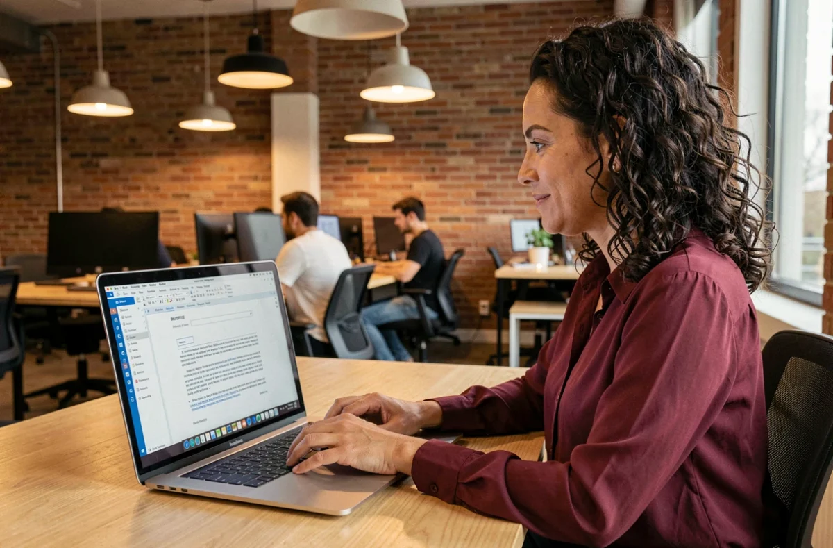 Une femme utilise ONLYOFFICE Desktop Editors sur un MacBook Air dans un espace de co-working moderne