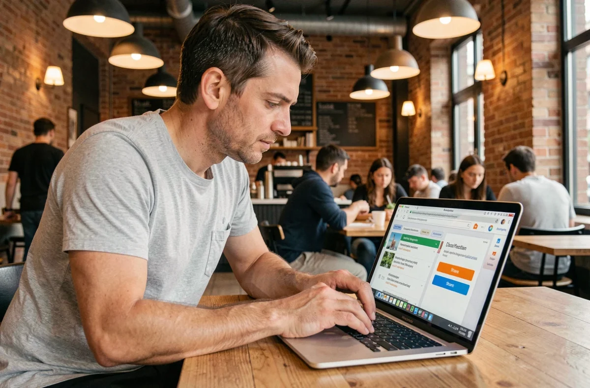 Homme utilisant un outil de partage de captures d'écran en ligne depuis un café urbain avec son ordinateur portable