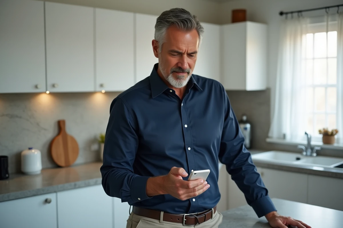 Homme utilisant l'application mobile Orange pour payer ses factures depuis la cuisine