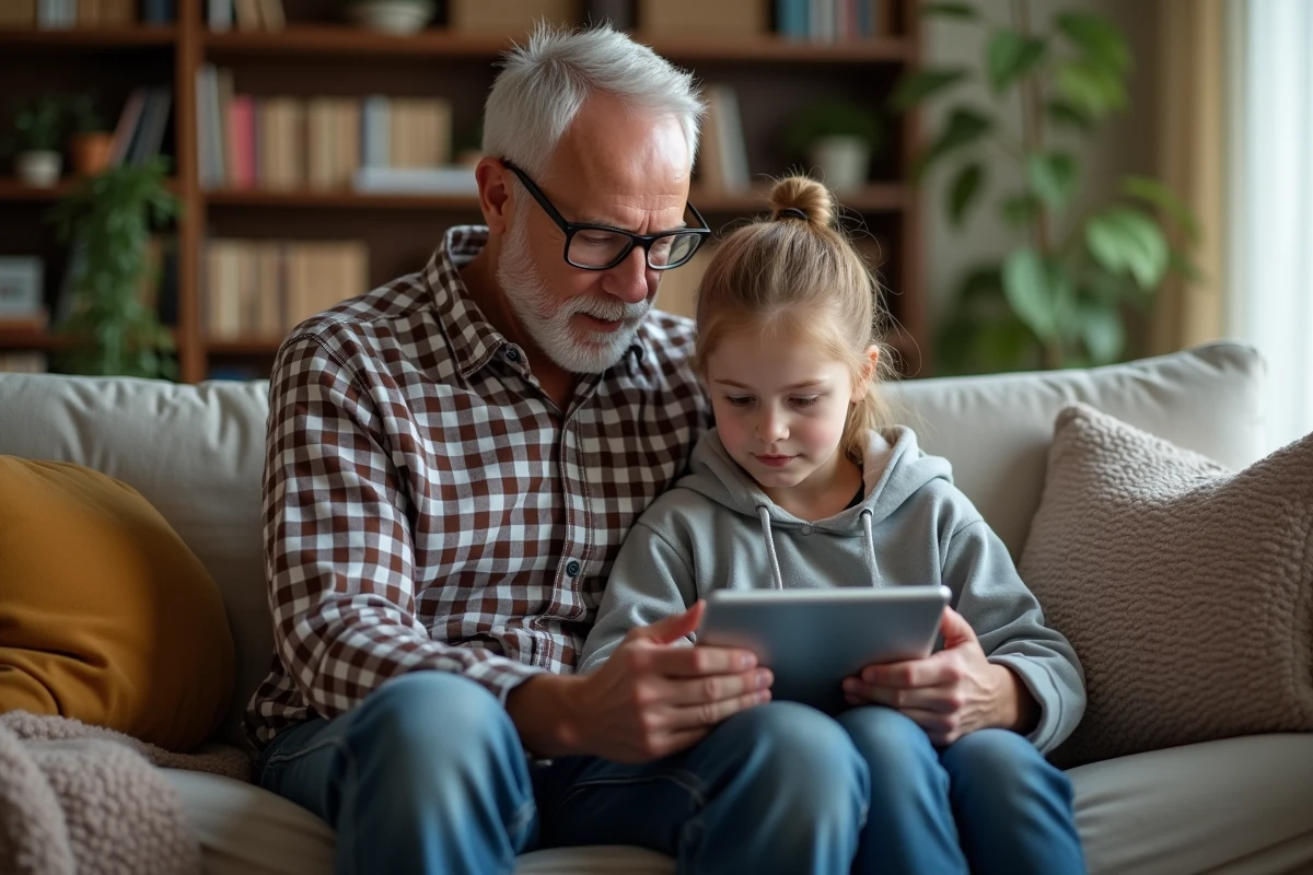 Papa et sa fille de 10 ans utilisent une tablette pour les devoirs