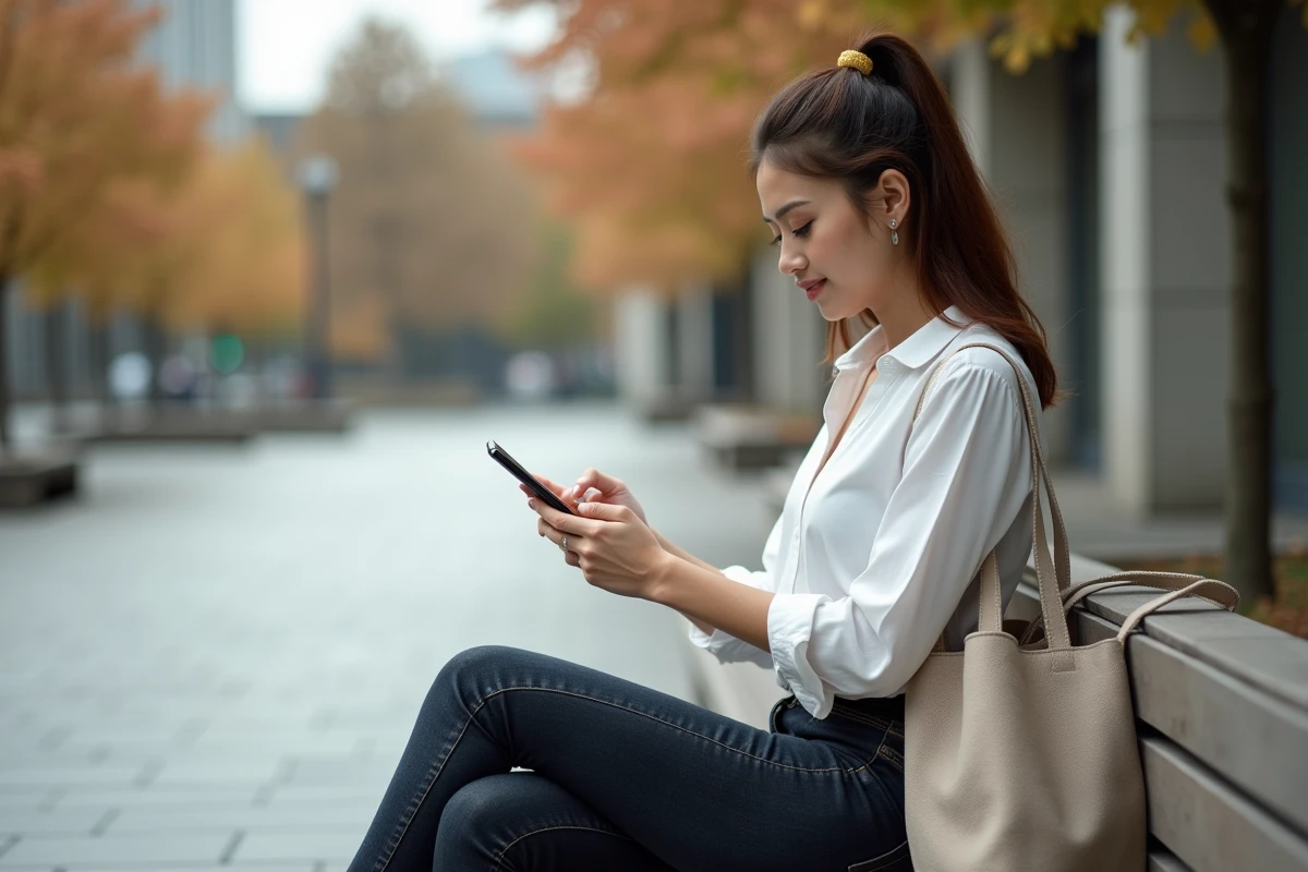 Jeune femme paramétrant la messagerie Zimbra sur son téléphone en extérieur en milieu urbain