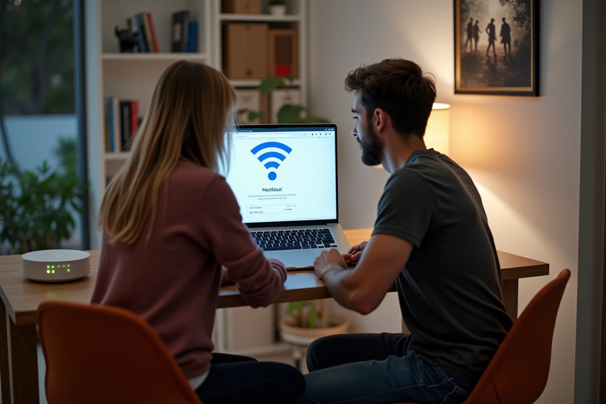Deux amis consultant les paramètres du réseau invité Freebox sur un ordinateur portable dans un bureau à domicile