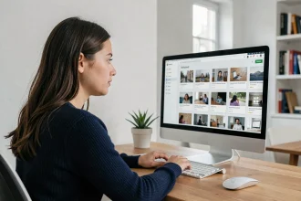 Jeune femme partageant des captures d'écran en ligne depuis son bureau à domicile via une interface de partage d'images