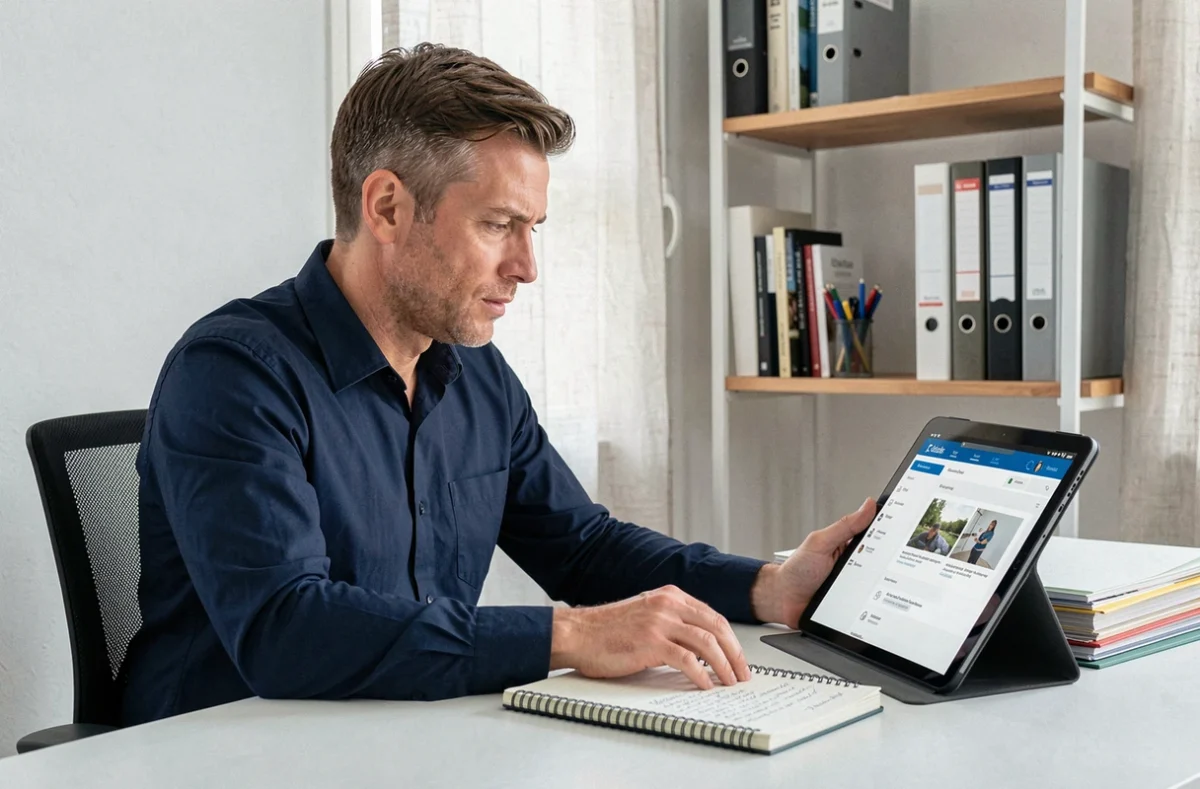 Père séparé consultant le portail scolaire Oze 92 sur une tablette dans son bureau à domicile