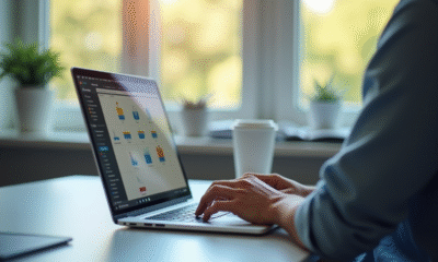 Personne travaillant sur un ordinateur portable moderne à un bureau lumineux