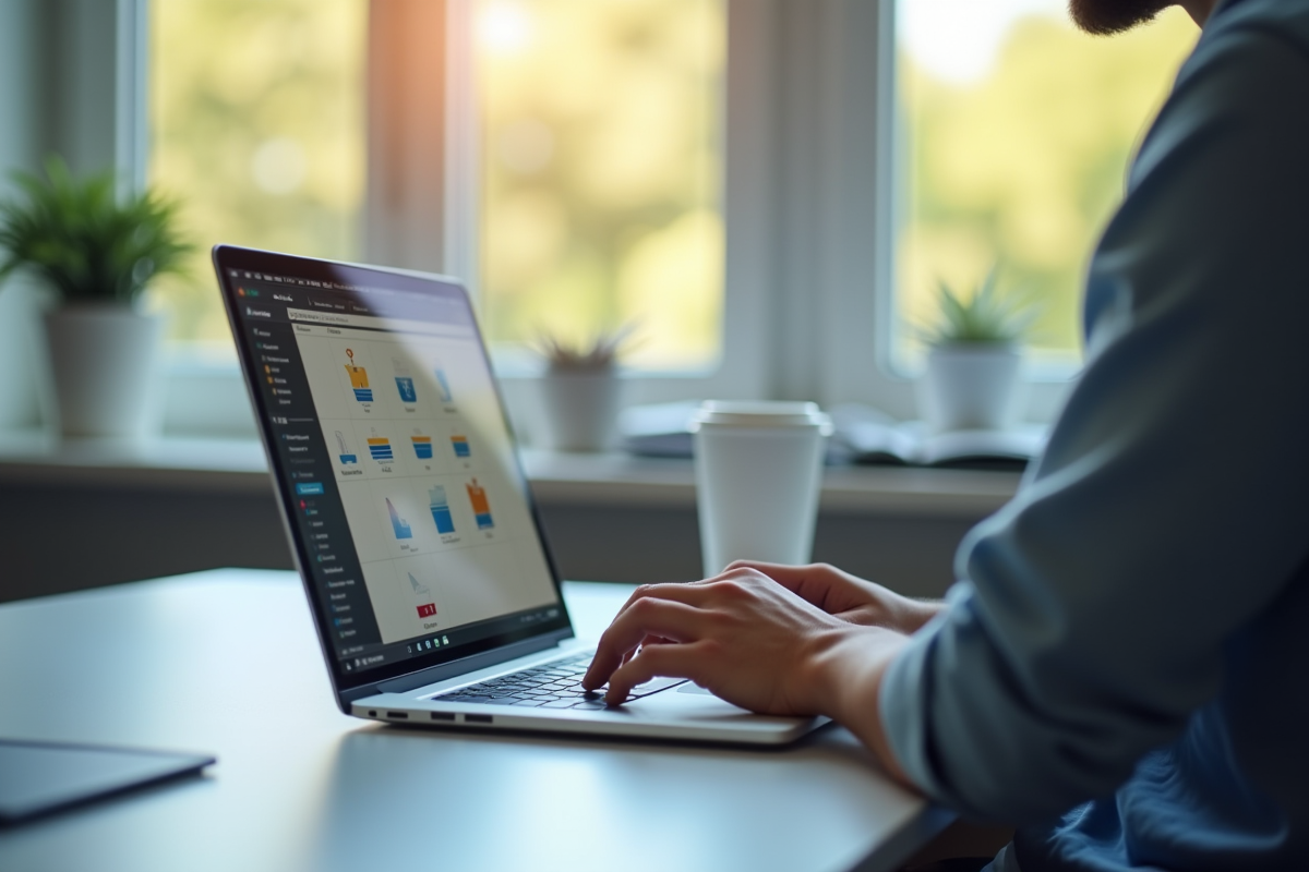 Personne travaillant sur un ordinateur portable moderne à un bureau lumineux