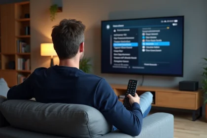 Homme pilotant l'interface Freebox TV depuis son canapé avec une télécommande, écran affichant un menu d'enregistrement