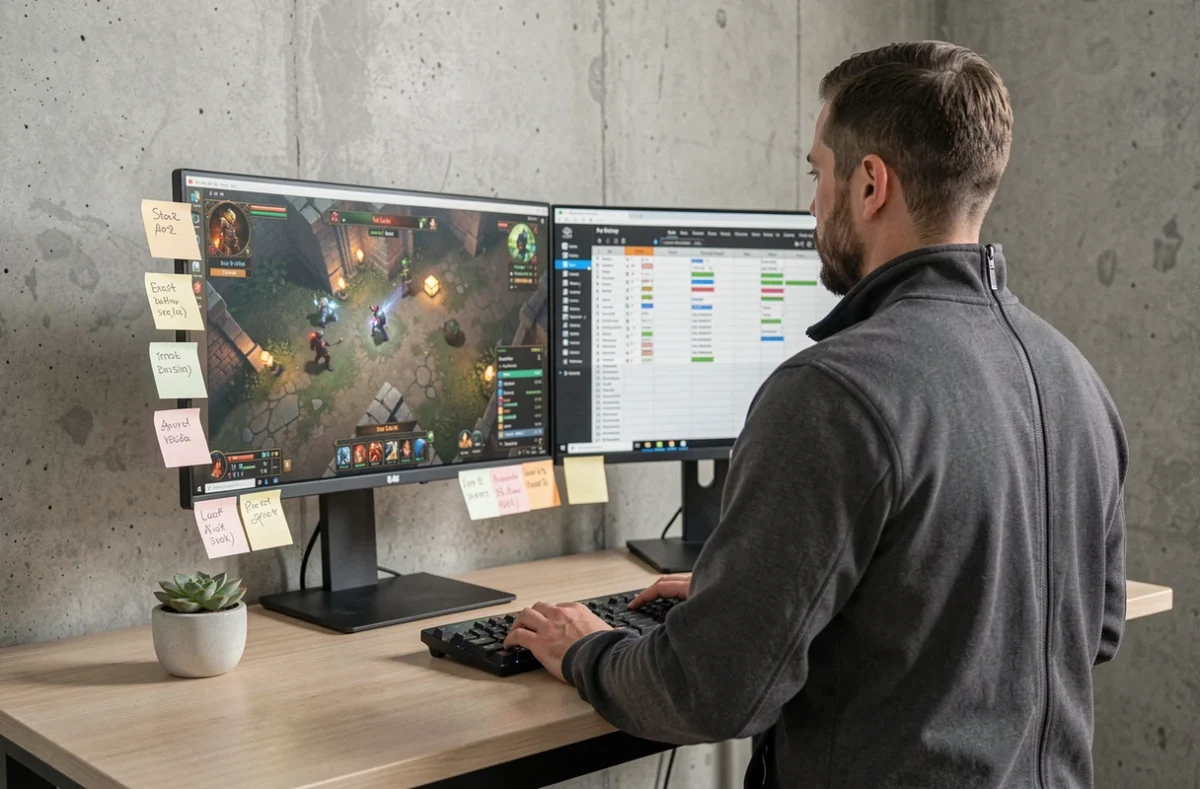 Théorycrafteur Path of Exile 2 debout devant deux moniteurs avec Path of Building ouvert dans un bureau minimaliste moderne