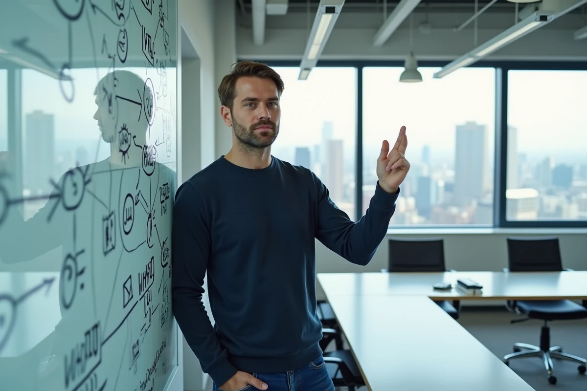 Professionnel présentant une stratégie de liens intelligents avec un schéma d'écosystème de réseaux sociaux sur tableau en verre