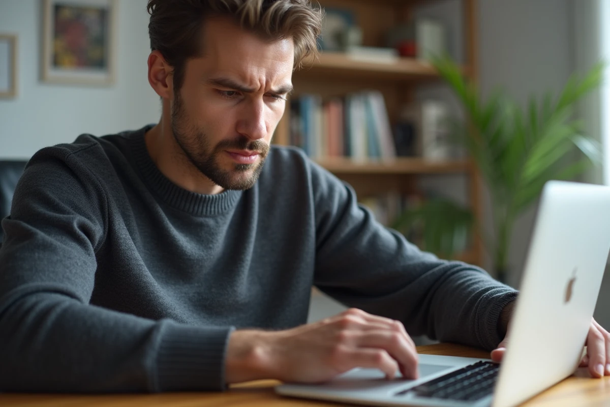Homme appuyant sur la touche Maj d'un MacBook Pro avec une expression de frustration après une mise à jour macOS