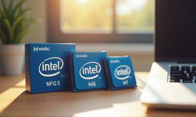 Trois processeurs ordinateur i3 i5 et i7 sur bureau lumineux