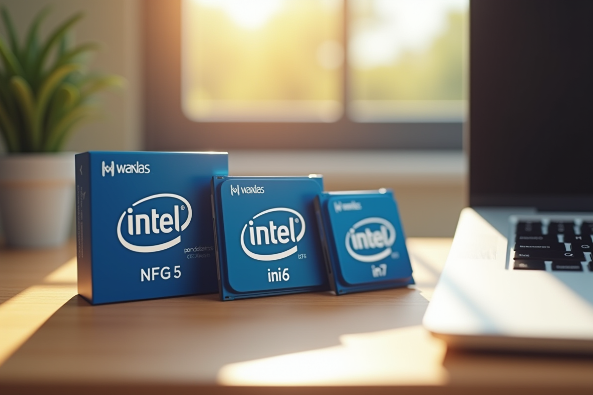 Trois processeurs ordinateur i3 i5 et i7 sur bureau lumineux
