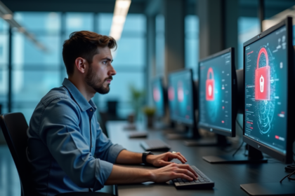 Jeune professionnel IT face à un écran avec symbole d'alerte de sécurité