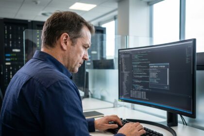 Homme professionnel IT concentré sur un poste de sécurité