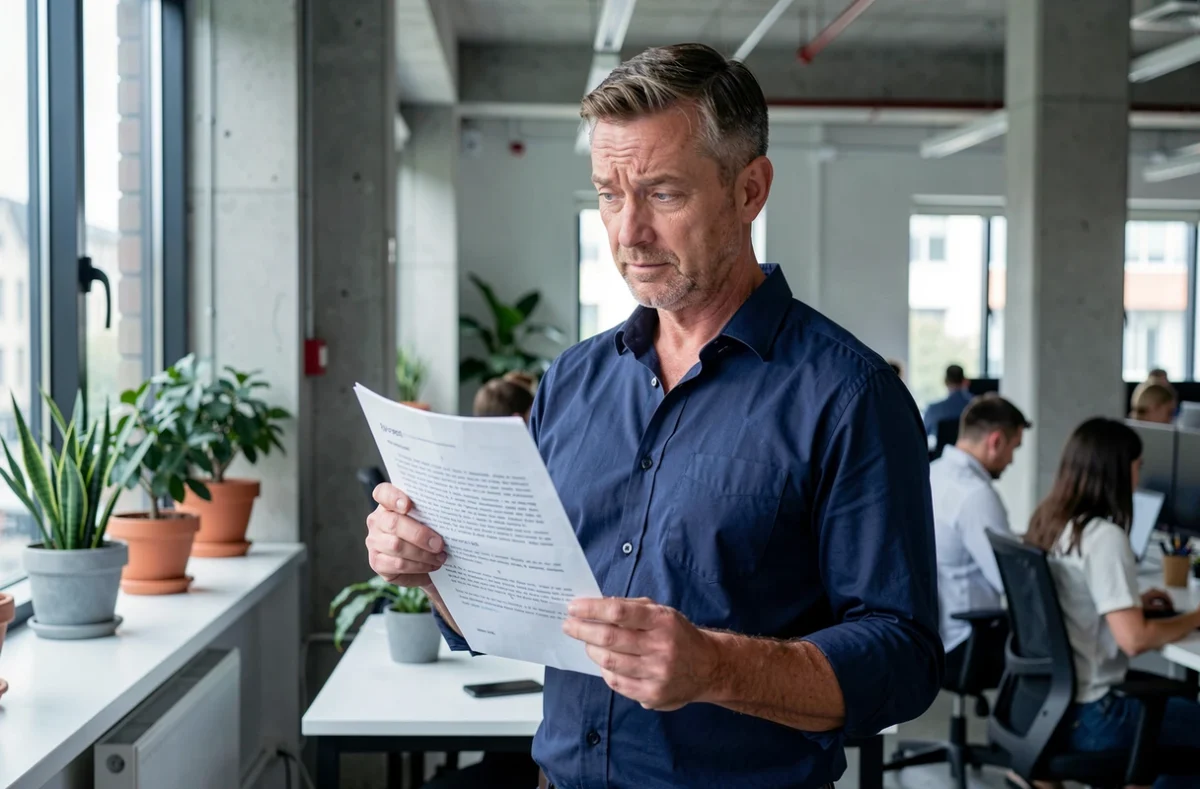 Professionnel masculin scrutant un document imprimé avec une expression sceptique dans un bureau moderne en open space