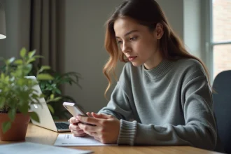Jeune femme programmant un message WhatsApp sur son smartphone dans un bureau à domicile moderne