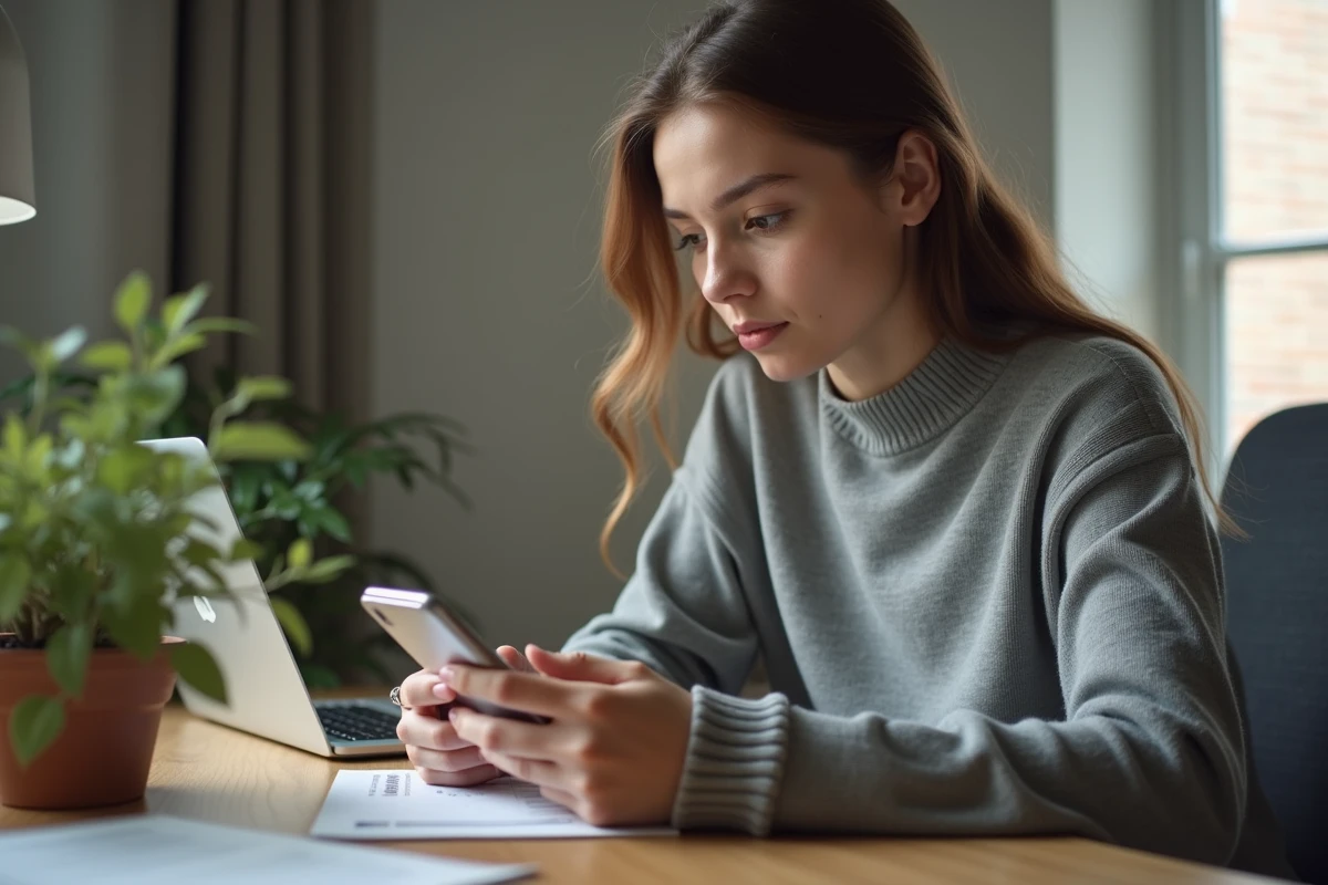 Jeune femme programmant un message WhatsApp sur son smartphone dans un bureau à domicile moderne