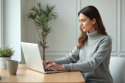 Femme utilisant un raccourci clavier sur un laptop dans un bureau moderne pour insérer des flèches dans un email
