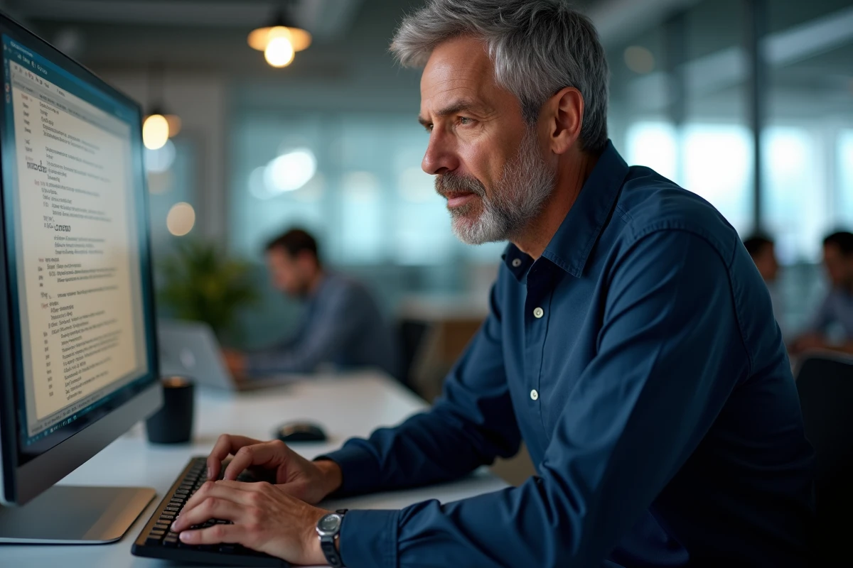 Homme en bureau professionnel insérant des flèches dans un email via des raccourcis clavier sur un ordinateur de bureau